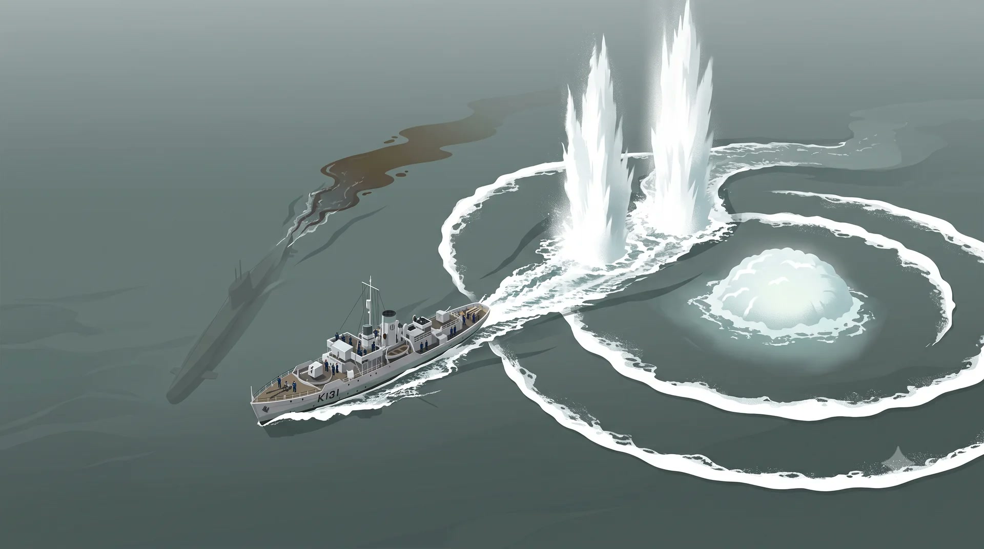 Concept art of a convoy escort releasing depth charges over a submerged U-boat