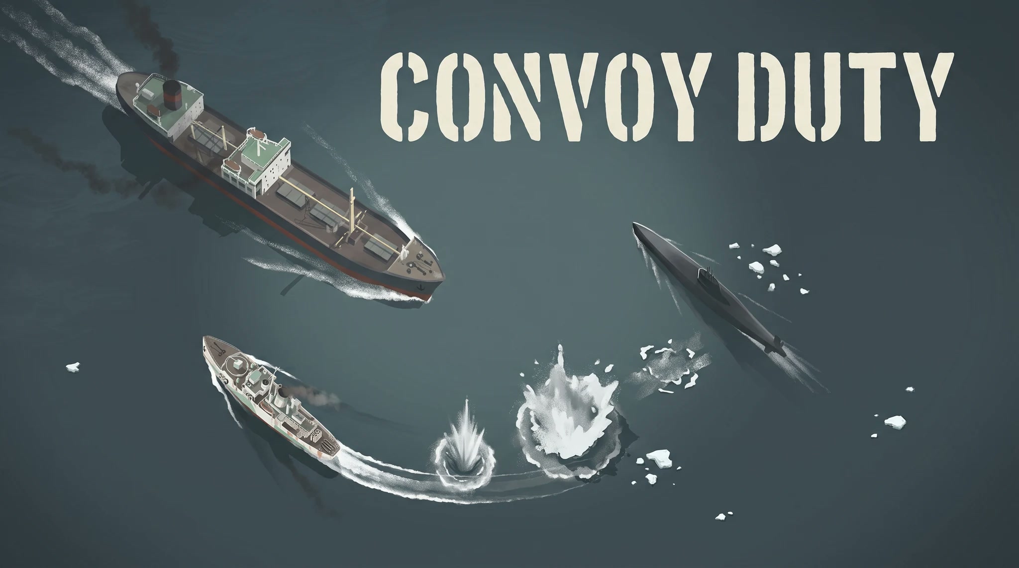 Convoy Duty artwork showing an escort protecting a merchant ship from a U-boat attack