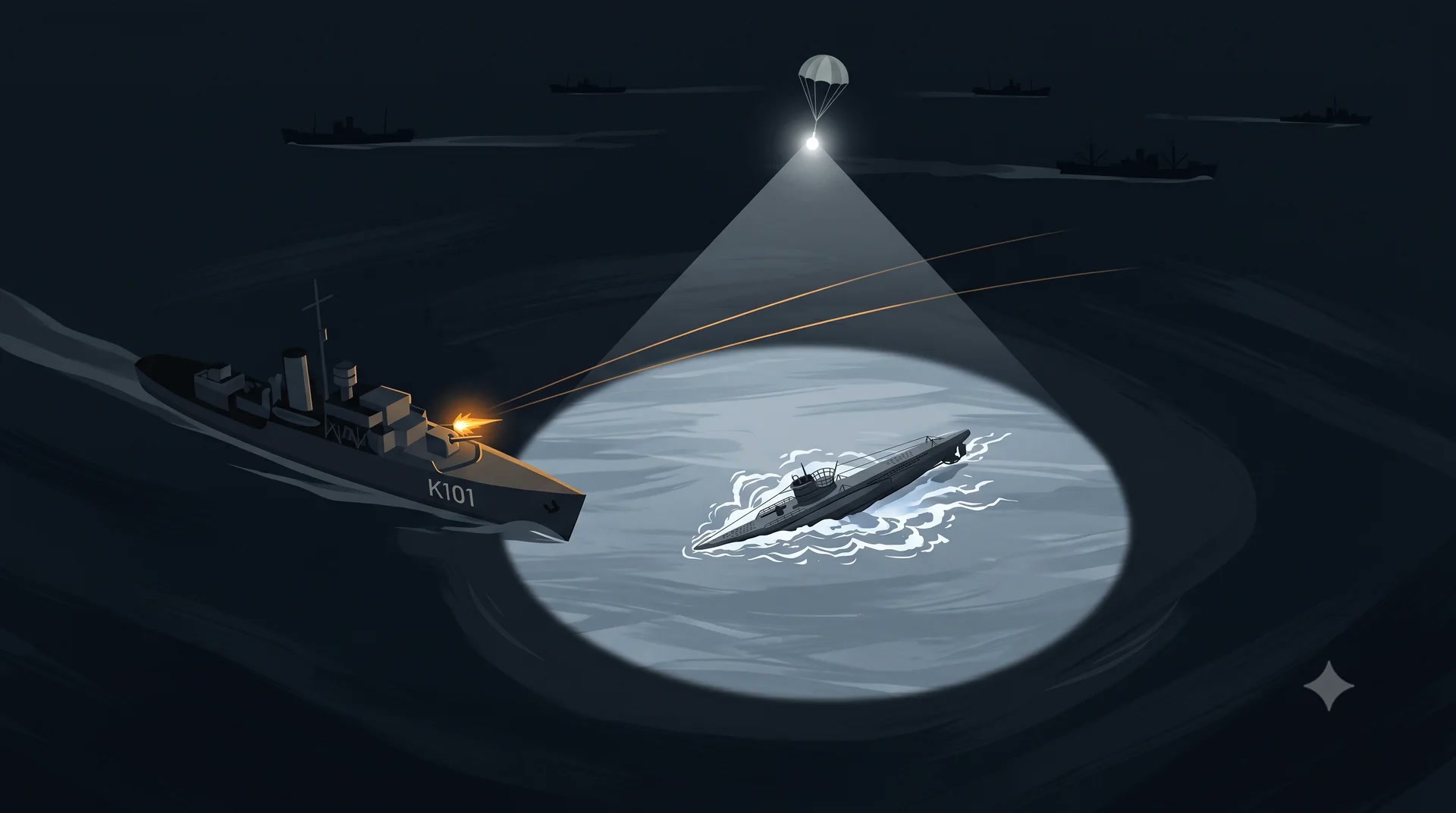 Concept art of an escort engaging a surfaced U-boat under a star shell