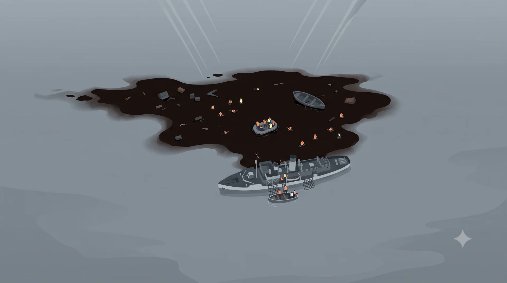 Concept art of an escort rescuing survivors from an oil slick